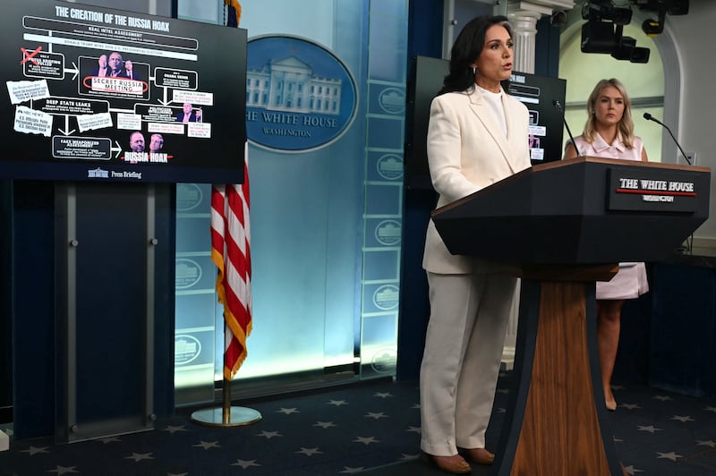 Director of National Intelligence Tulsi Gabbard speaks during a press briefing at the White House on July 23, 2025 where she alleged Obama administration officials manipulated information on Russia's interference in the 2016 election and accused them of "treasonous conspiracy."