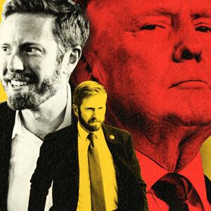 A photo illustration of Peter Meijer and Donald Trump