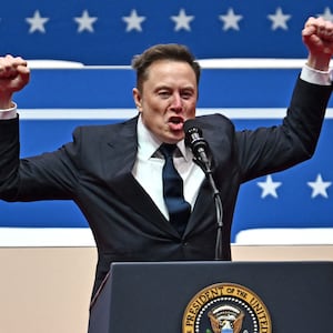 Elon Musk speaks during the inaugural parade for President Donald Trump inside Capital One Arena in Washington, D.C. on January 20, 2025.