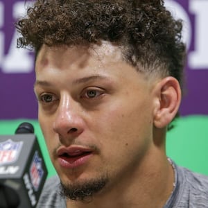 Patrick Mahomes #15 of the Kansas City Chiefs speaks to the media during a press conference after losing to the Philadelphia Eagles 40-22 in Super Bowl LIX at Caesars Superdome on February 09, 2025 in New Orleans, Louisiana.