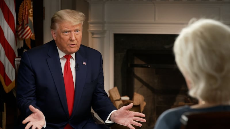 Still frames from the 60 MINUTES hour on Sunday Oct. 25, 2020 with the presidential candidates that in Nielsen Fast National ratings drew the most viewers to the CBS News magazine since March 25, 2020.  The traditional pre-election edition of 60 MINUTES caused headlines before its broadcast when President Trump broke an agreement with 60 MINUTES and released the video of his interview Thursday on Facebook.  Pictured: President Donald Trump during his interview with 60 Minutes correspondent Lesley Stahl. Screen grab. (Photo by CBS via Getty Images)