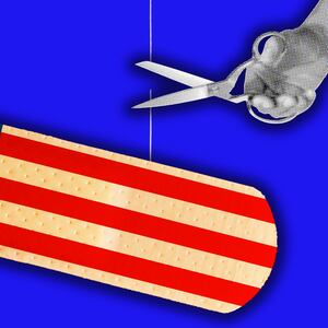 american bandage on strings being cut. photo illustration
