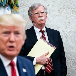 WASHINGTON, DC - JULY 18 : National Security Advisor John R. Bolton listens as President Donald J. Trump meets with Prime Minister of the Netherlands Mark Rutte in the Oval Office at the White House on Thursday, July 18th, 2019 in Washington, DC. (Photo by Jabin Botsford/The Washington Post via Getty Images)