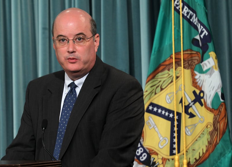 Michael Astrue speak during a news briefing May 13, 2011 at the Treasury Department in Washington, DC.