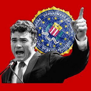 A photo illustration of Joe Kent and the FBI seal.