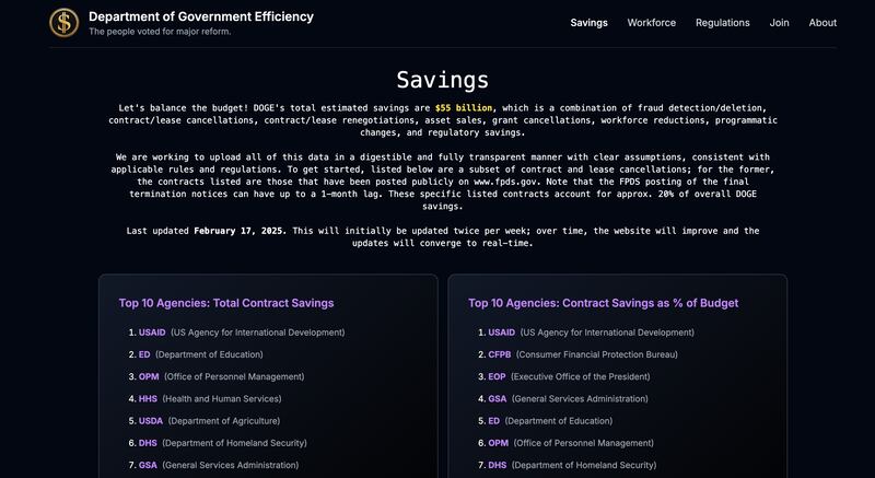 Homepage for DOGE as of Tuesday afternoon.