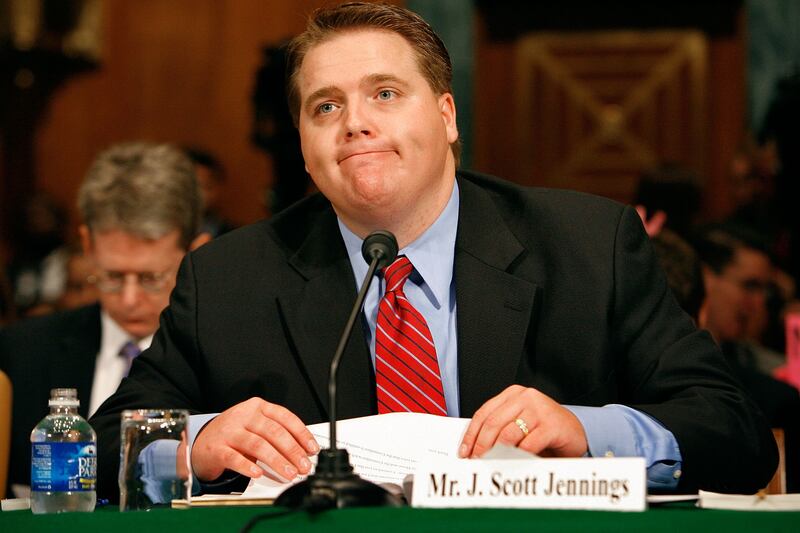 WASHINGTON - AUGUST 02:  White House Deputy Director of Political Affairs Scott Jennings testifies to the Senate Judiciary Committee during a hearing titled "Preserving Prosecutorial Independence: Is the Department of Justice Politicizing the Hiring and Firing of U.S. Attorneys?" August 2, 2007 in Washington, DC. Jennings limited his testimony by saying he could not answer questions related to the firing of US Attorneys due to President George W. Bush's demand of executive privilidge.