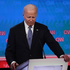 Joe Biden pauses during the CNN Presidential Debate at the CNN Studios on June 27, 2024 in Atlanta, Georgia.