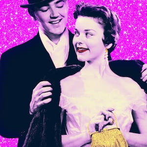 A photo illustration of a 1950s man helping a woman in a dress with her fur coat.