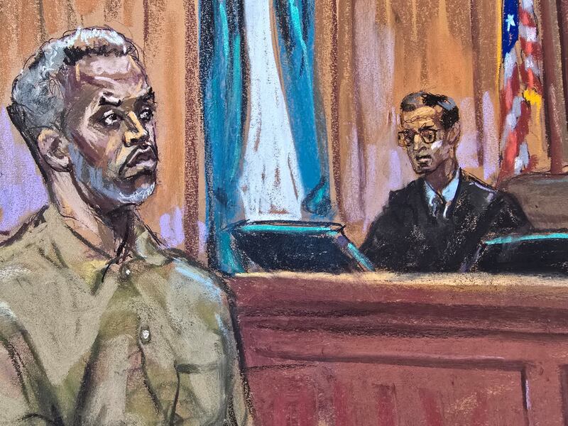 Sean "Diddy" Combs stands as he is arraigned on superseding charges in front of Judge Arun Subramanian, at the federal court in the Manhattan borough of New York City, U.S., March 14, 2024 in this courtroom sketch. REUTERS/Jane Rosenberg?