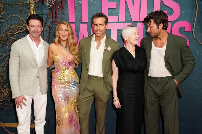 Hugh Jackman, Blake Lively, Ryan Reynolds, Tammy Reynolds and Brandon Sklenar at the "It Ends With Us" New York Premiere at AMC Lincoln Square Theater on August 06, 2024 in New York City.