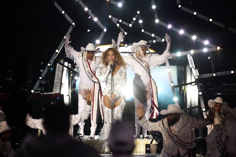 Beyonce preforms during the half time show between the Baltimore Ravens and the Houston Texans