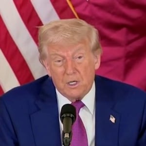 President Donald J. Trump speaks at a press conference in Qatar.