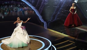HOLLYWOOD, CALIFORNIA - MARCH 02: (L-R) Cynthia Erivo and Ariana Grande perform onstage during the 97th Annual Oscars at Dolby Theatre on March 02, 2025 in Hollywood, California.  (Photo by Kevin Winter/Getty Images)