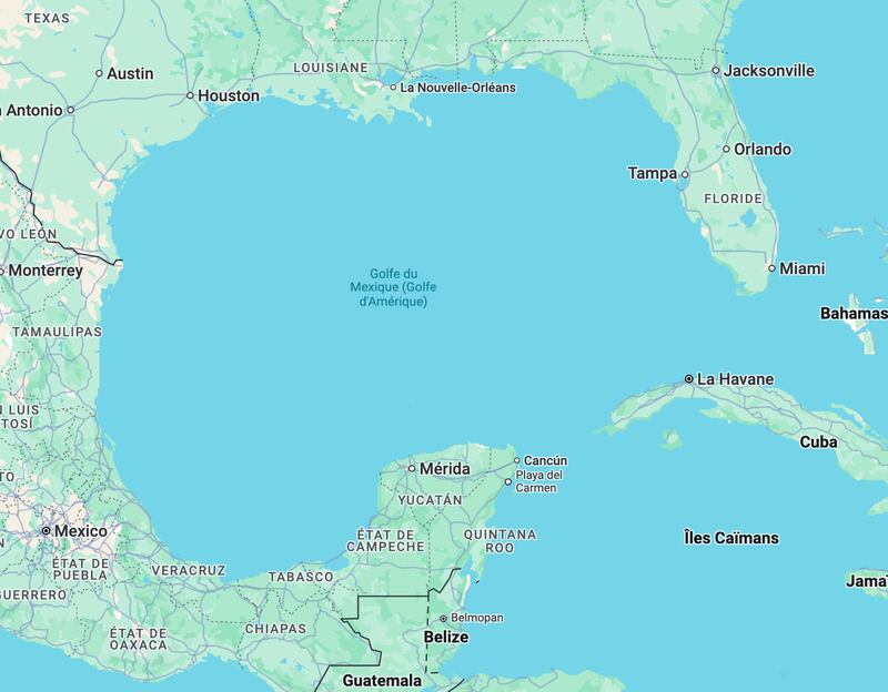A Google Maps view of the Gulf of Mexico accessed by a French user shows the body of water is also displayed as the Gulf of America.
