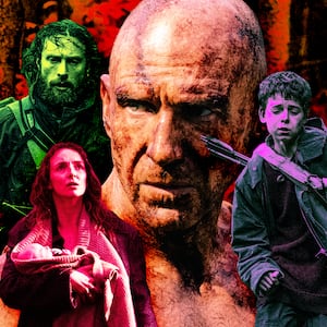 A photo illustration of Aaron Taylor-Johnson, Alfie Williams, Jodie Comer, and Ralph Fiennes in 28 Years Later.