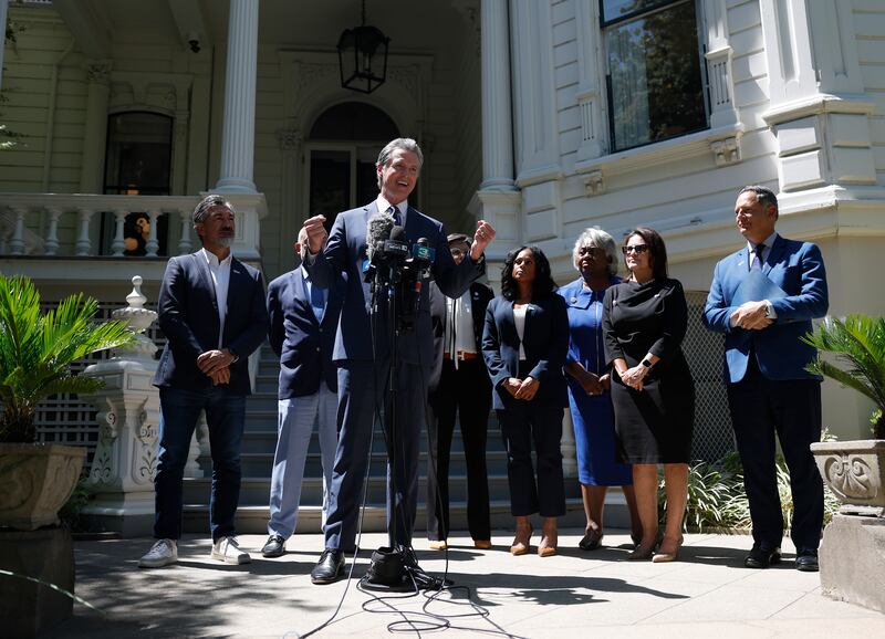 California Gov. Gavin Newsom speaks during a news conference with Texas lawmakers at the Governor’s Mansion on July 25, 2025 in Sacramento.