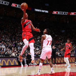 Ochai Agbaji of the Toronto Raptors shoots the ball during a game against the LA Clippers on February  2, 2025.