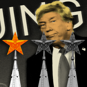 Donald Trump and Vladimir Putin with a flashing red and yellow star from on top of the Kremlin in a series of star rating