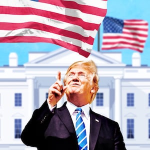 A photo illustration of President Donald Trump looking up at two giant US Flags flying above The White House.