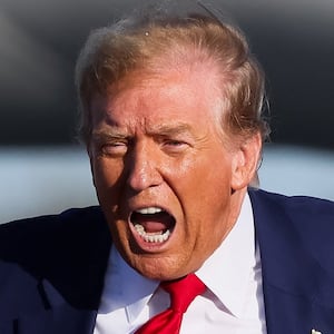Donald Trump shouts during a campaign event in Freeland, Michigan, U.S. May 1, 2024.