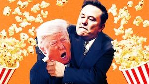 A photo illustration of President Donald Trump and Elon Musk and popcorn flying.