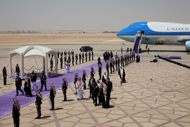 U.S. President Donald Trump is greeted by Saudi Crown Prince Mohammed bin Salman as he arrives at King Khalid International Airport on May 13, 2025, in Riyadh, Saudi Arabia. Trump begins a multi-nation tour of the Gulf region focused on expanding economic ties and reinforcing security cooperation with key U.S. allies.