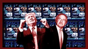 illustration of american media inc space force magazine cover in background with donald trump and david pecker ceo nasa mars aliens pseudoscience debunker