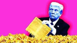 Donald Trump holding a shredded copy of the US Constitution, illustration