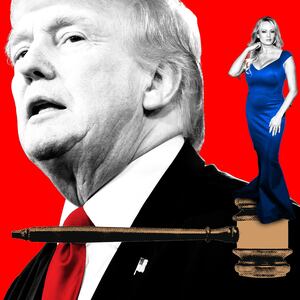 A photo illustration of Donald Trump behind Stormy Daniels standing on a gavel