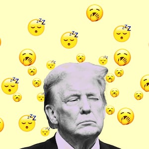 A photo illustration of Donald Trump with eyes closed and sleepy emojis.