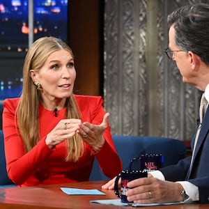 The Late Show with Stephen Colbert and guest Nicolle Wallace during Tuesday’s June 10, 2025 show. Photo: Scott Kowalchyk ©2025 CBS Broadcasting Inc. All Rights Reserved.
