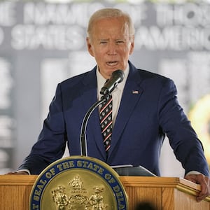 Former U.S. President Joe Biden speaks during a ceremony, at Veterans Memorial Park in New Castle, Delaware,