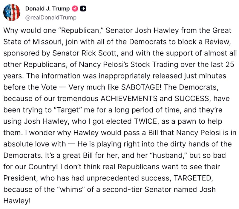 President Trump attacks Josh Hawley on Truth Social.