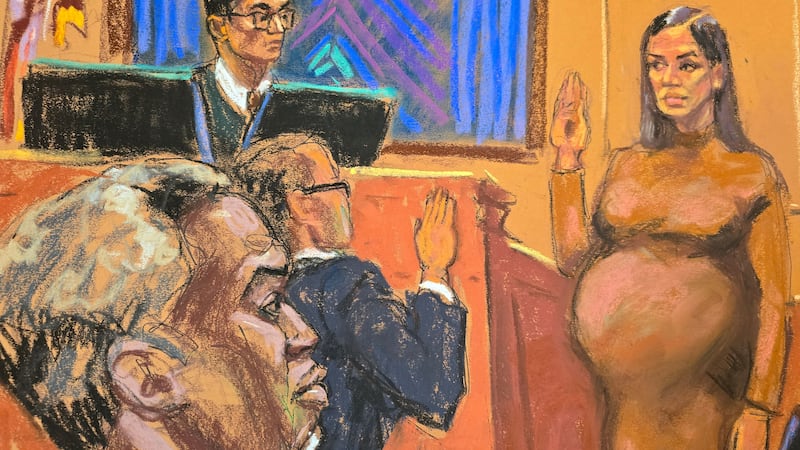 Sean "Diddy" Combs watches as his former girlfriend Casandra "Cassie" Ventura is sworn in as a prosecution witness before U.S. District Judge Arun Subramanian at Combs' sex trafficking trial in New York City, New York, U.S., May 13, 2025 in this courtroom sketch.