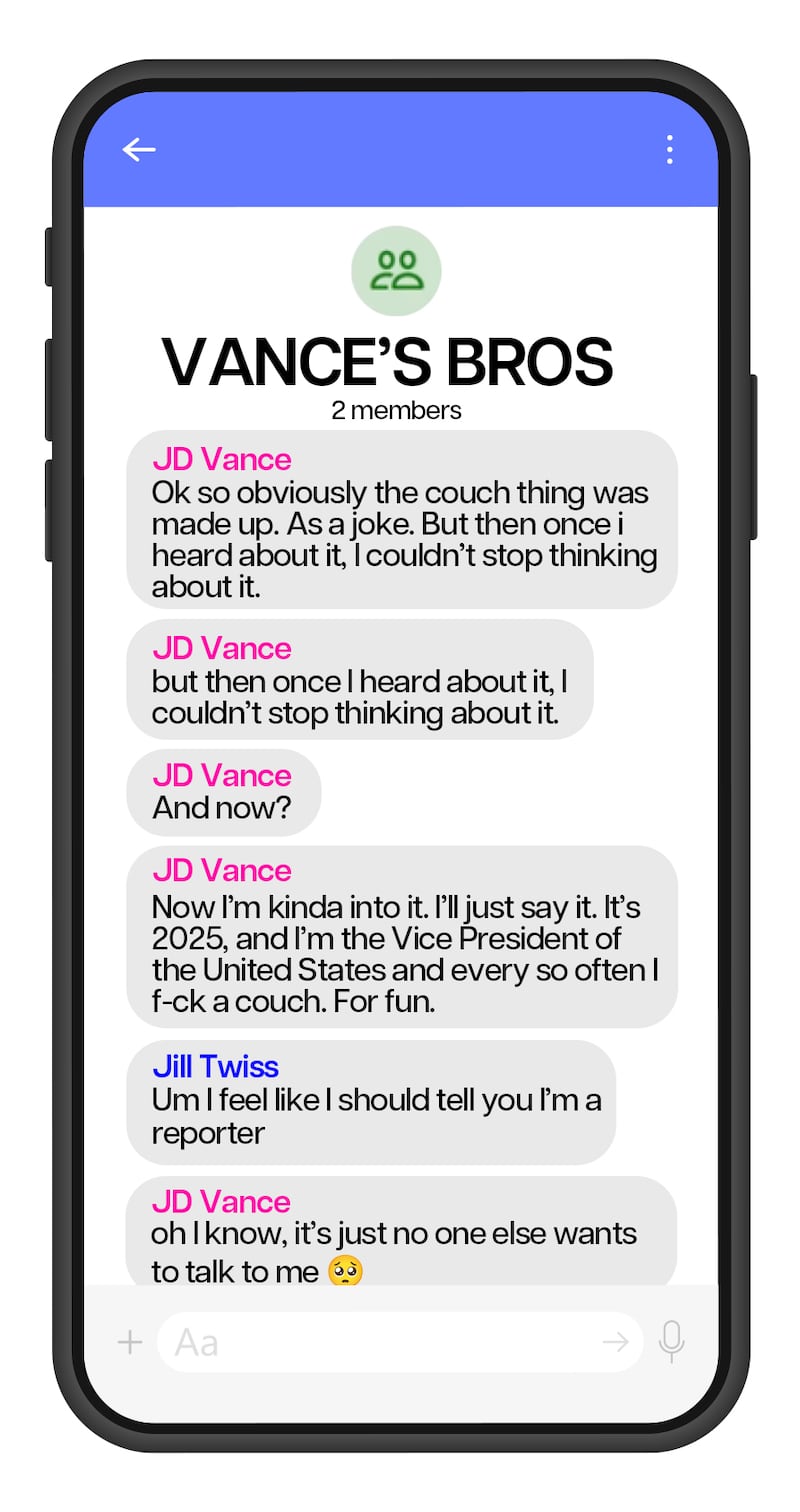 Parody recreated Signal text messages between Trump's cabinet and administration.