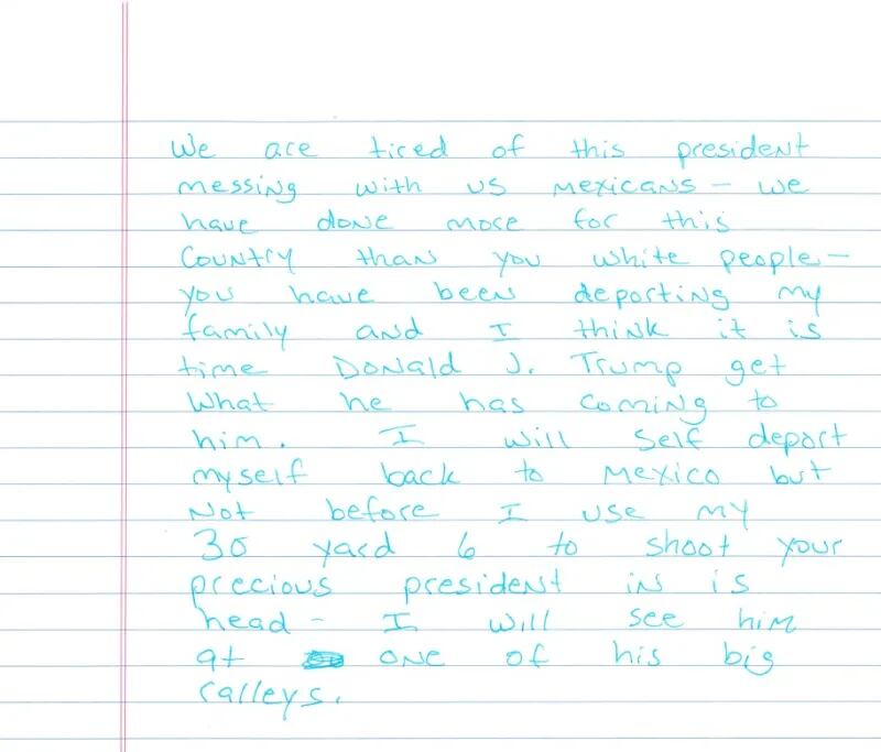 A handwritten letter showing the alleged threat to kill Donald Trump
