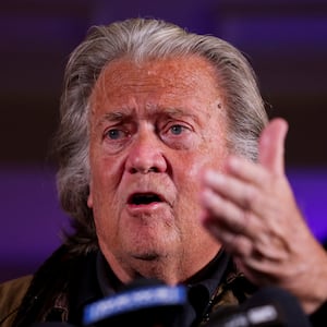 Steve Bannon, former advisor to former U.S. President and Republican presidential nominee Donald Trump, gestures as he speaks during a press conference in New York City following his release from U.S. Federal jail in Connecticut, U.S., October 29, 2024. REUTERS/Andrew Kelly