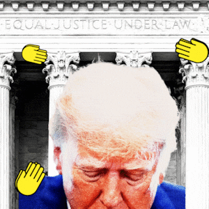Donald Trump looking down in front of the Supreme Court building with clapping emojis around him