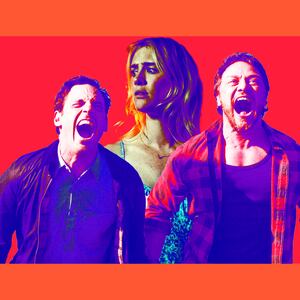 A photo illustration of Scoot McNairy, Mackenzie Davis, and James McAvoy in Speak No Evil.