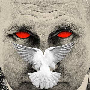 Photo illustration of Vladimir Putin with red eyes and a dove in front of his face