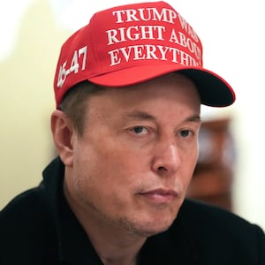 Elon Musk looks on.