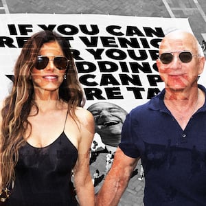 Photo collage illustration of Lauren Sanchez and Jeff Bezos overlayed over a protest sign in Venice, Italy