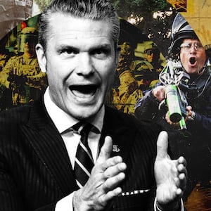 Pete Hegseth in front of a collage of images from the ICE protests in Los Angeles, California