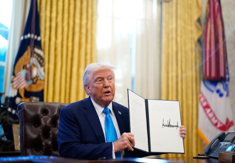 Washington , DC - February 4: President Donald Trump signs executive orders in the Oval Office of the White House on February 4, 2025 in Washington, DC. (Photo by Jabin Botsford /The Washington Post via Getty Images)