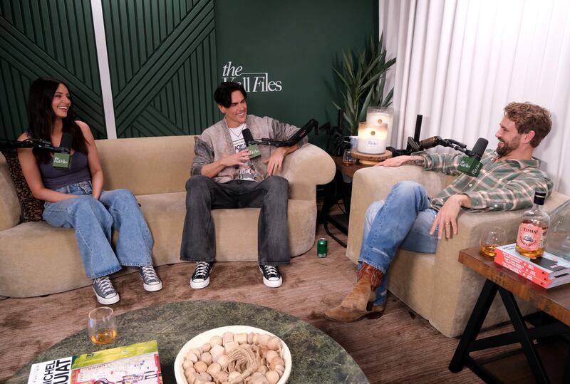Victoria Lee Robinson, Tom Sandoval and Nick Viall attend a taping of "The Viall Files" on March 20, 2025 in Sherman Oaks, California.