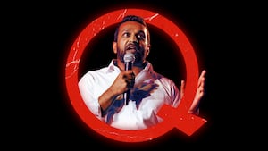 A photo illustration of Kash Patel and the QAnon symbol.