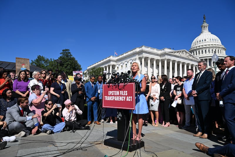Rep. Marjorie Taylor Greene speaking during a press conference and rally  in support of the victims of sex offender Jeffrey Epstein and his accomplice Ghislaine Maxwell outside the U.S. Capitol in Washington, DC on September 3, 2025.