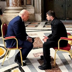 Ukraine's President Volodymyr Zelenskiy and U.S. President Donald Trump meet, while they attend the funeral of Pope Francis, at the Vatican April 26, 2025.