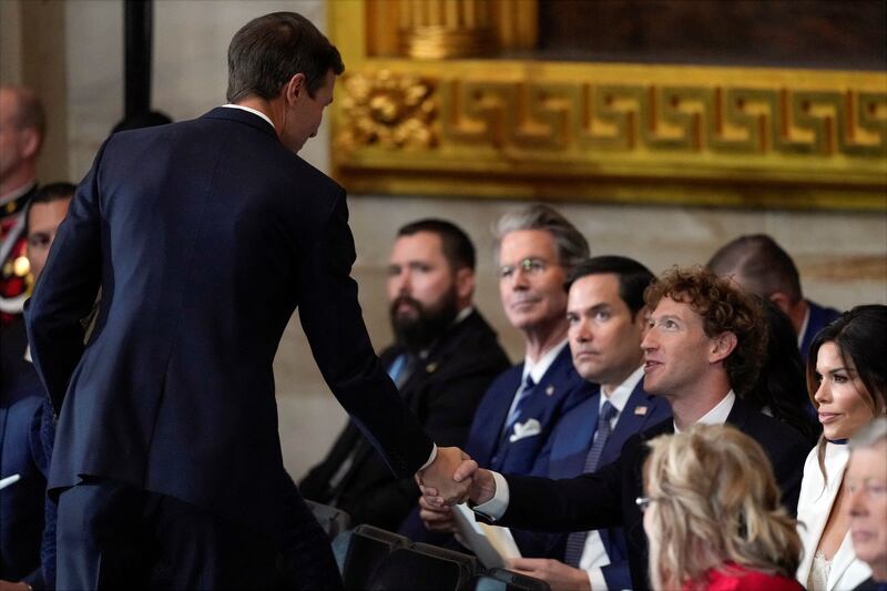 Jared Kushner greets Meta CEO Mark Zuckerberg before the 60th Presidential Inauguration in the Rotunda of the U.S. Capitol in Washington, Monday, Jan. 20, 2025.